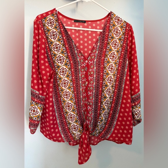 West Kei Tops - West Kei Red Boho Tie-Front Peasant Blouse with Ivory & Mustard Accents